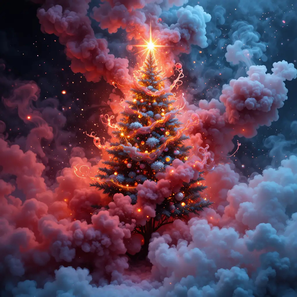 Albero di Natale al neon mistico in vortici di fumo fantastico