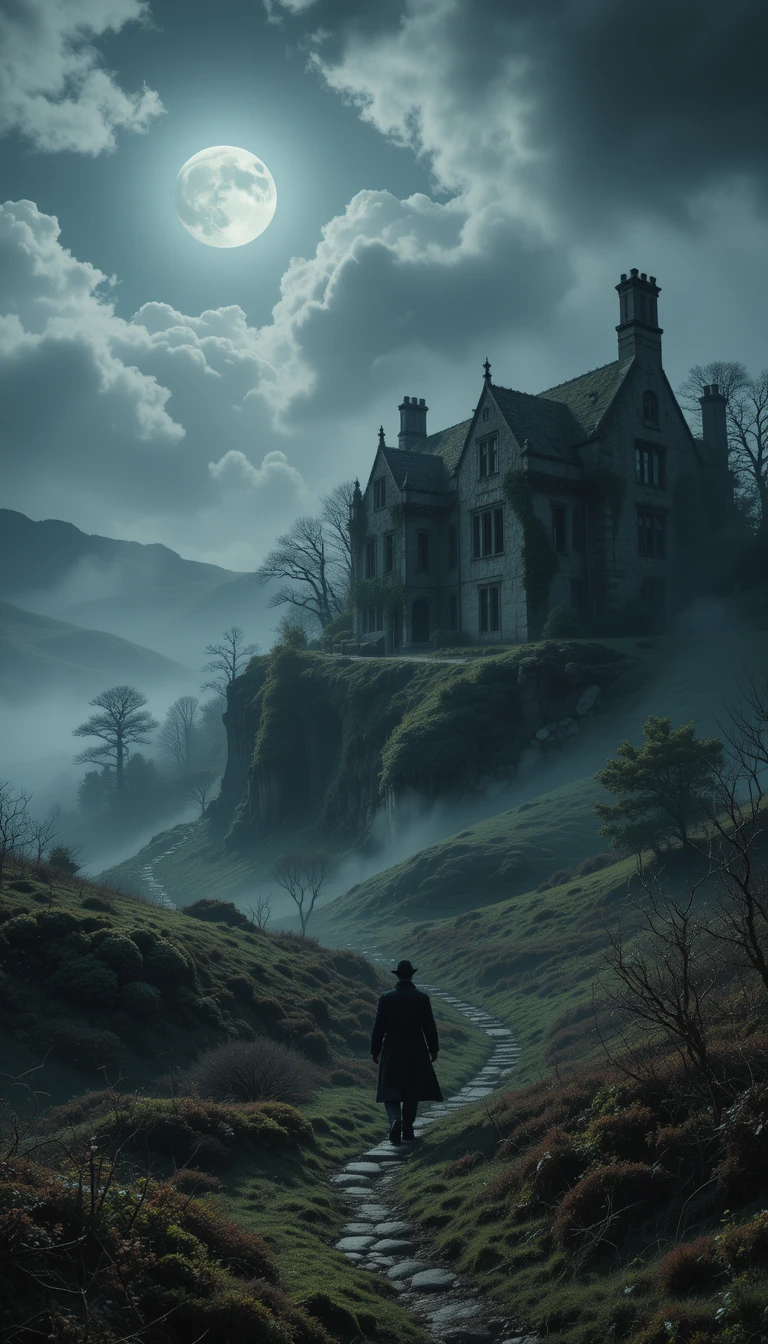 Full moon over Scottish moors with a monstrous hound