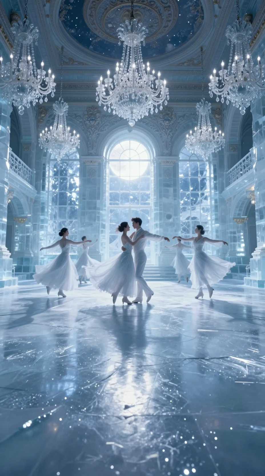 Salle de bal de glace au clair de lune avec des danseurs fantômes scintillants