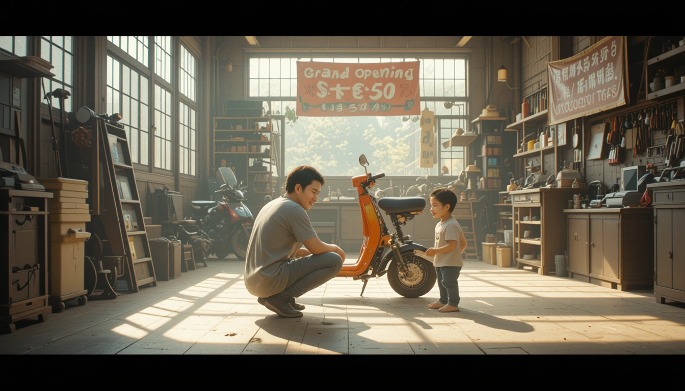 Vater repariert Motorroller in warmer Dorfwerkstatt in Taiwan