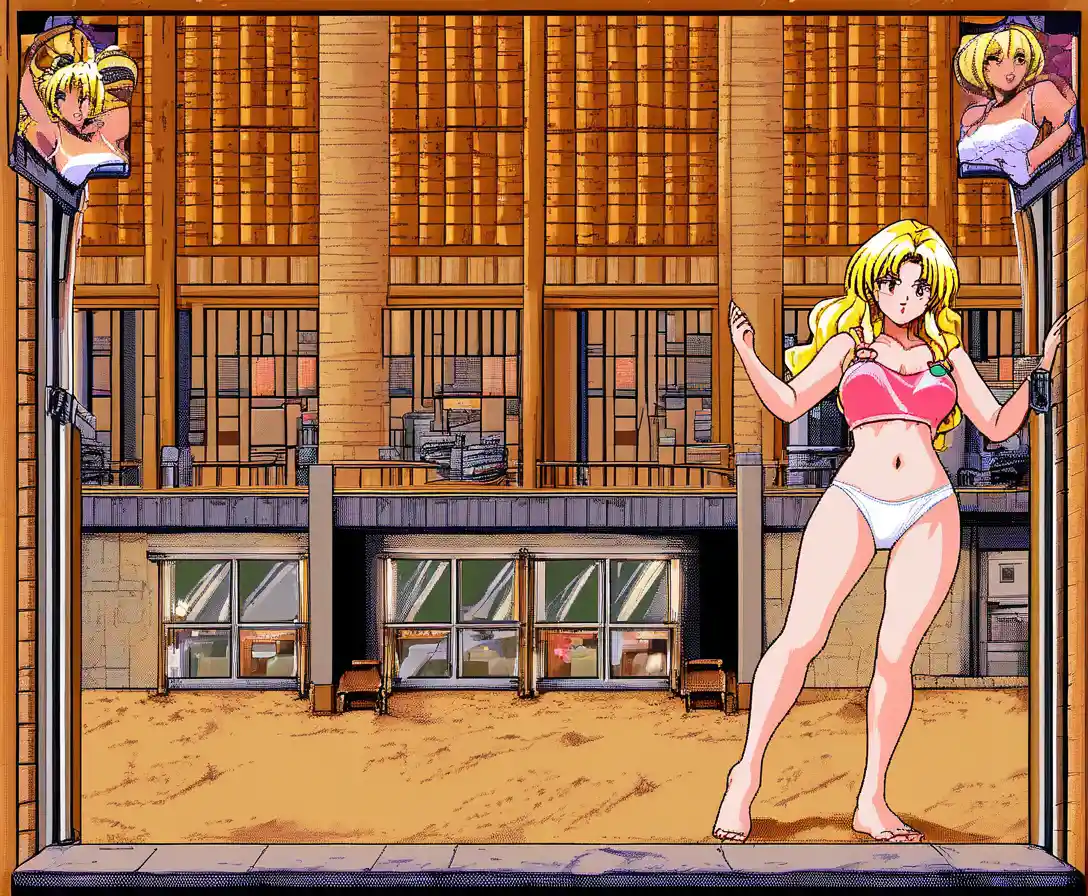 Sassy anime girl posing in a beach cafe game screen