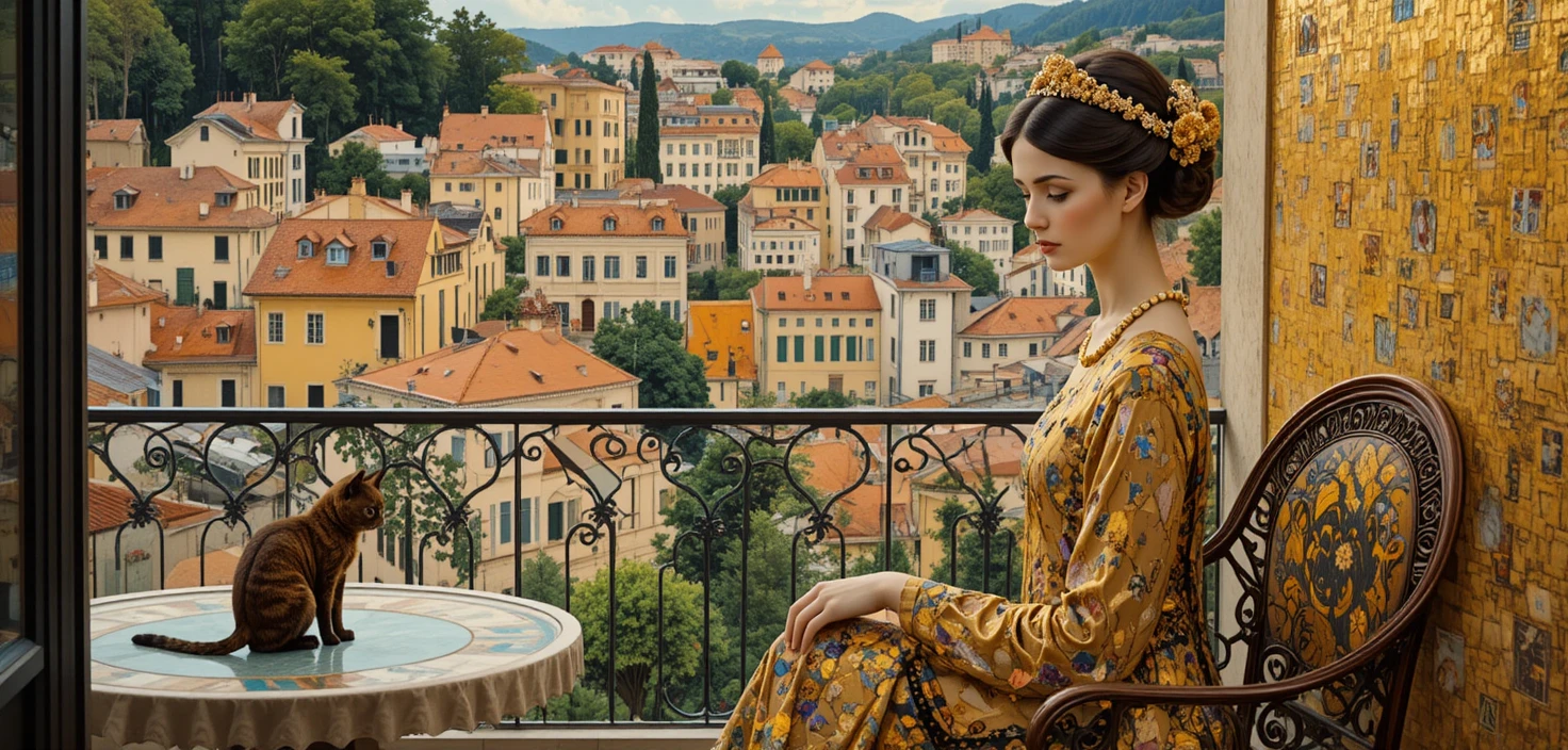 Elegant woman in golden patterns on a sunny terrace