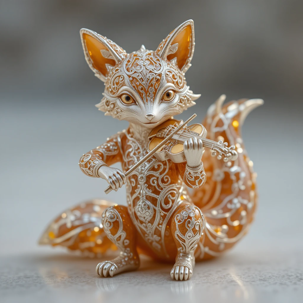Miniatura de raposa tocando delicadamente um violino em branco e dourado