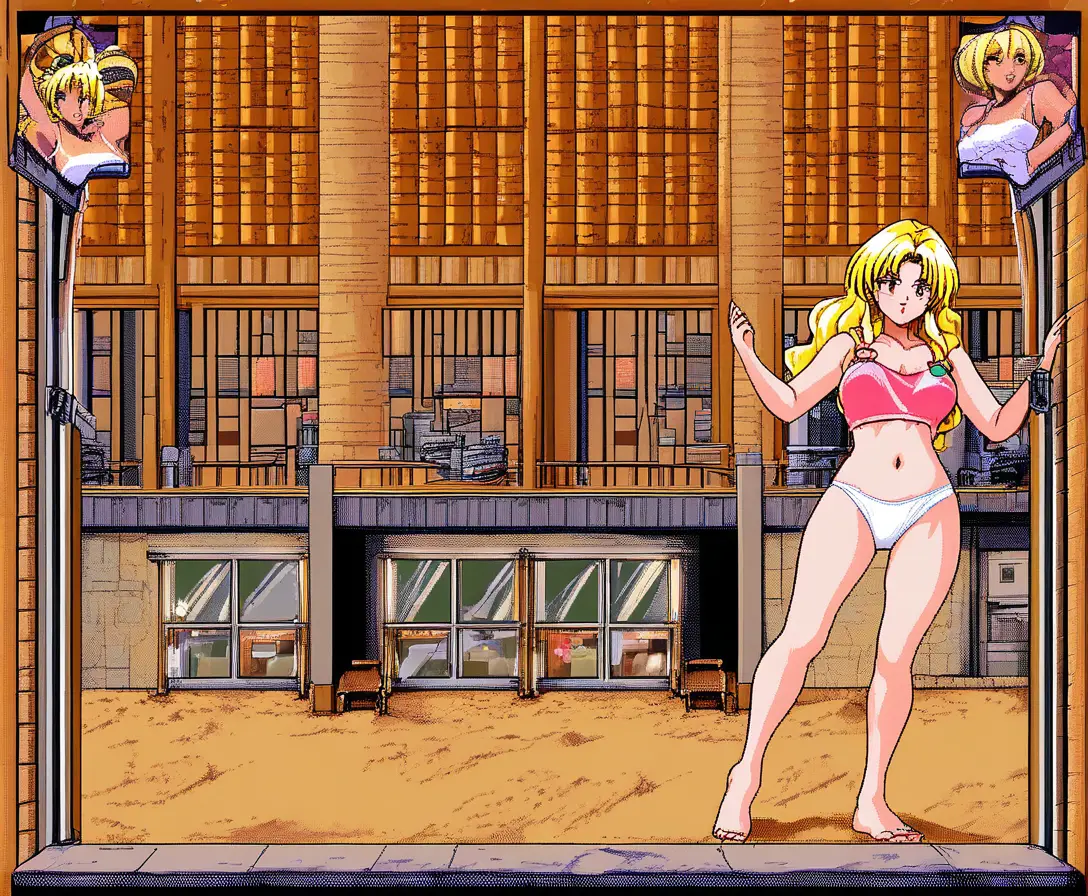 Sassy anime girl posing in a beach cafe game screen