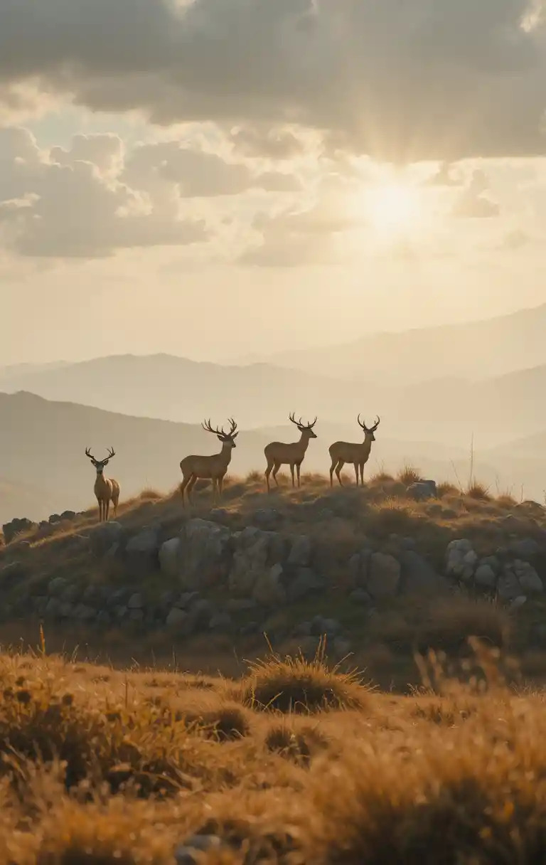Cerfs aux aguets sur une crête lointaine dans des prairies dorées