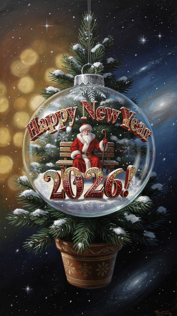Soviet Santa inside a festive ornament on cosmic fir branches