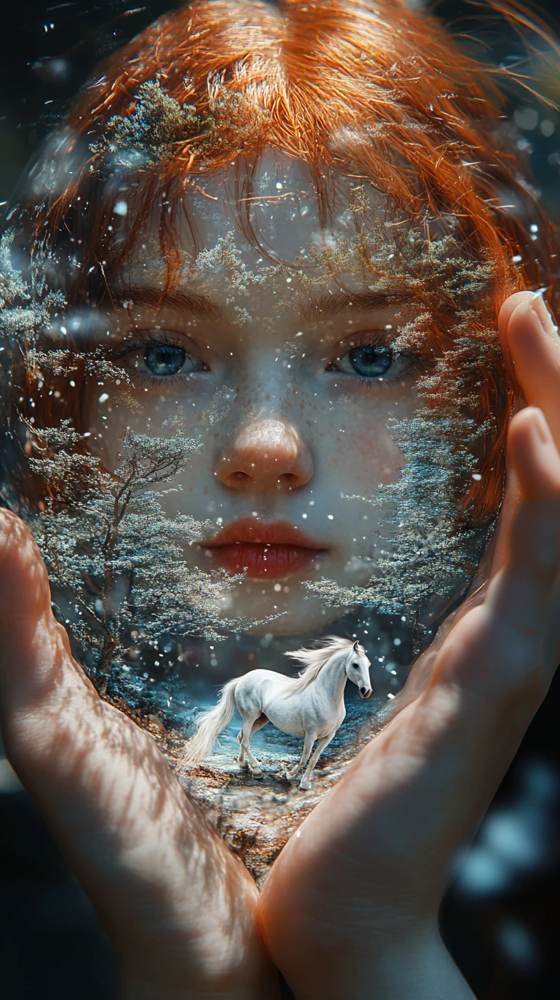 Portrait en double exposition d’une fille tenant un minuscule monde
