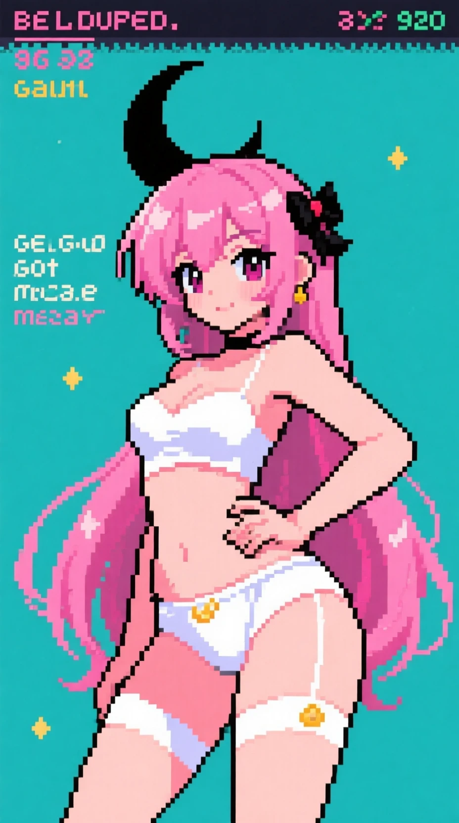 Chica de anime de pelo rosa y actitud atrevida posando en pantalla de juego retro