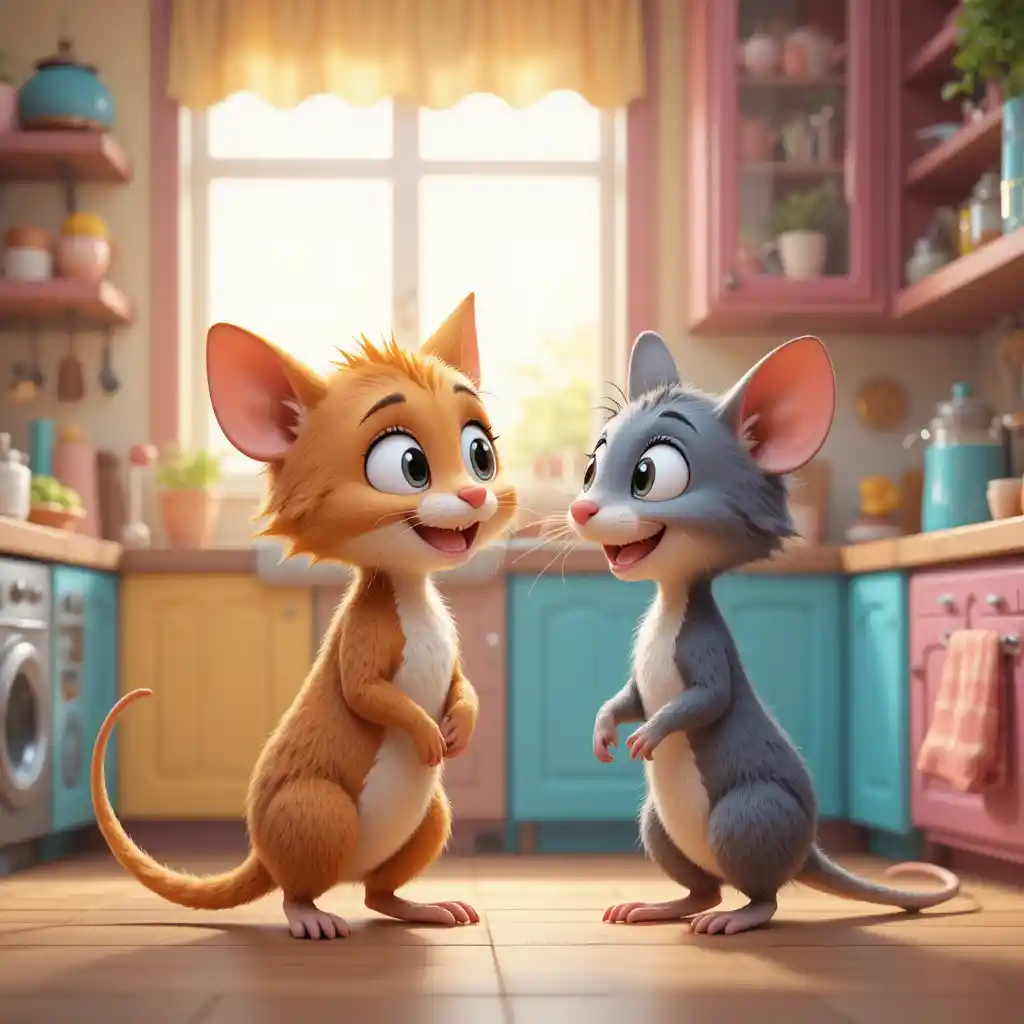 Adorable chat et petit rat en 3D cartoon dans une cuisine colorée