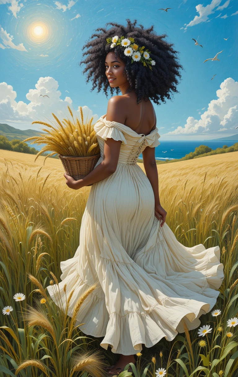 Curvy woman in flowing dress in sunny Tuscan field