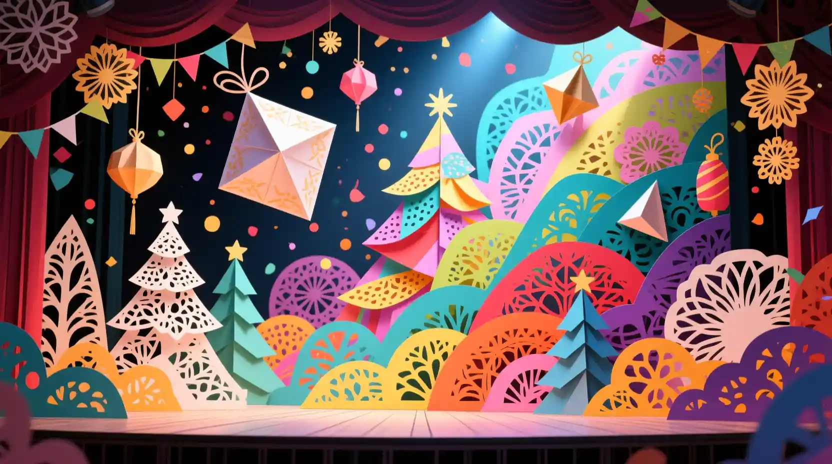 Colorful paper collage of floating new year decorations