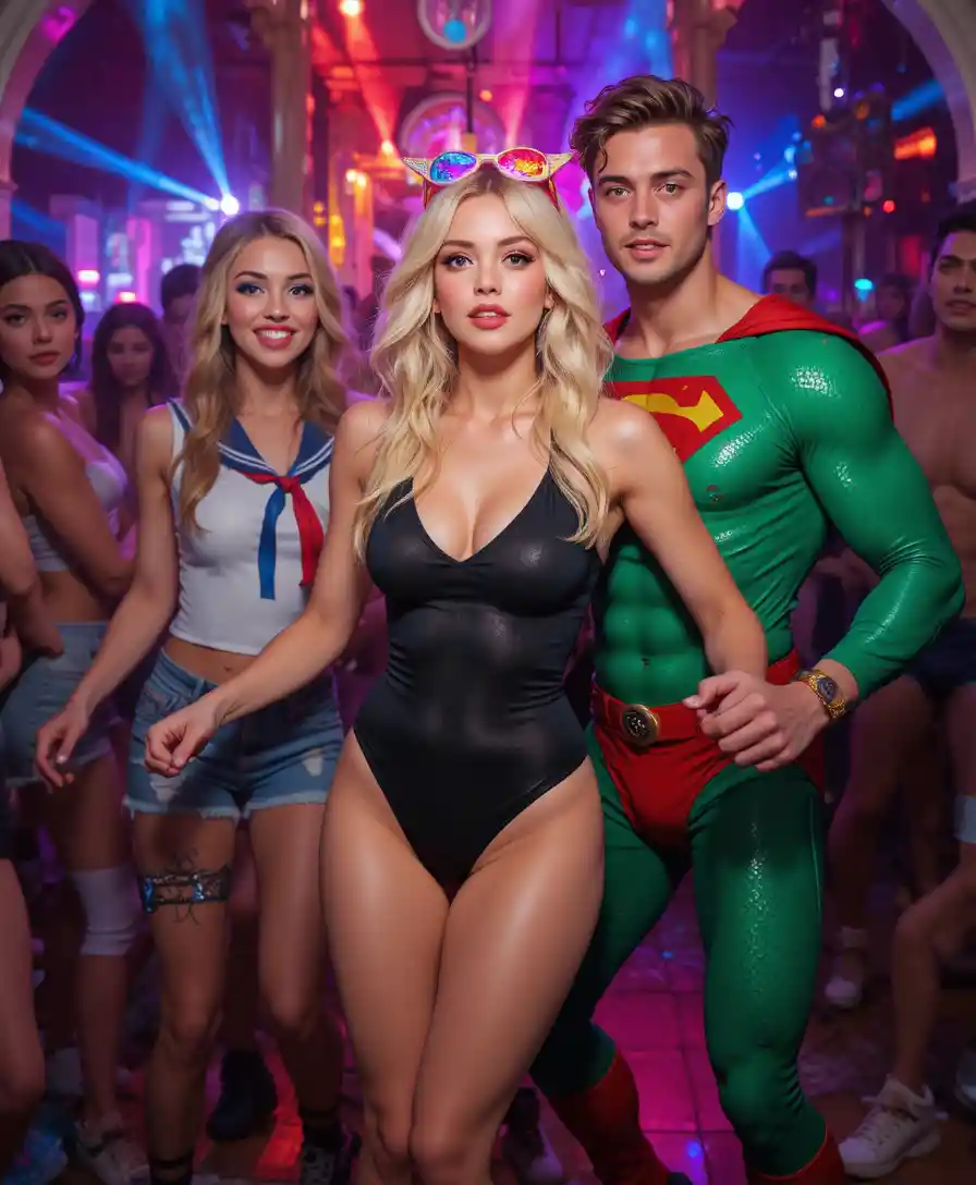 Colorful party scene with dancing friends on a crowded floor