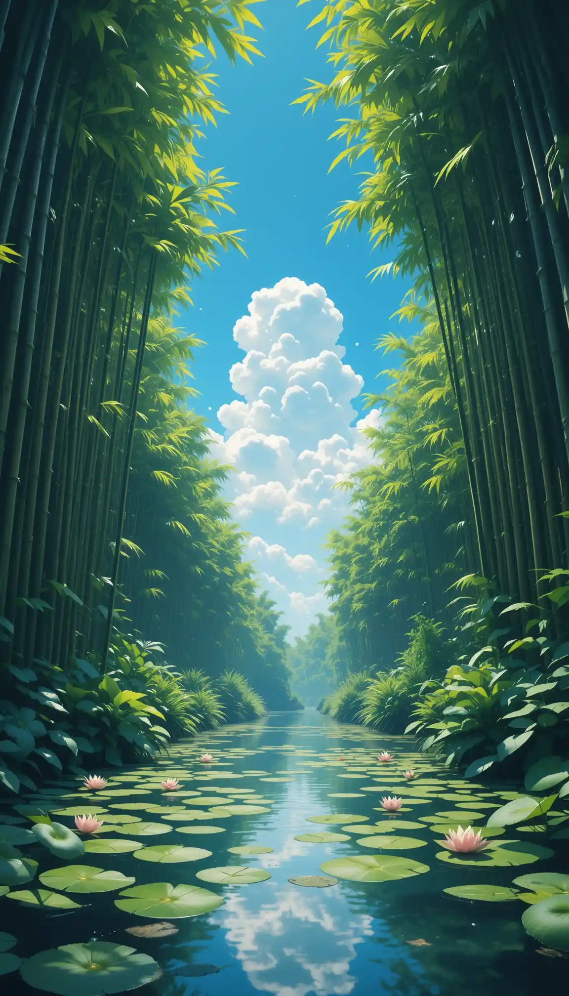 Serene Bamboo Forest Stream Under A Vast Summer Sky
