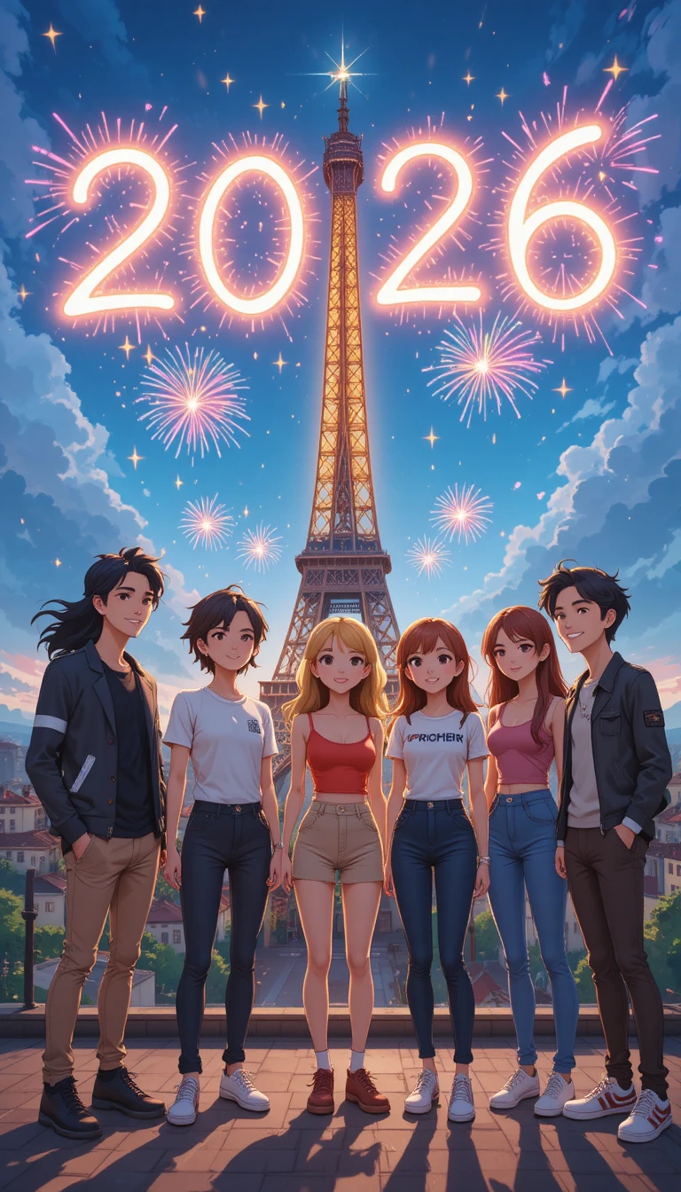 Young friends holding hands on a rooftop with anime cityscape