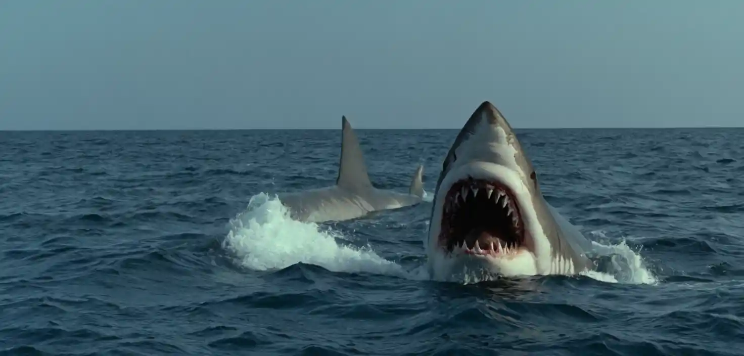 Cinematic shark scene in a tense underwater ocean moment