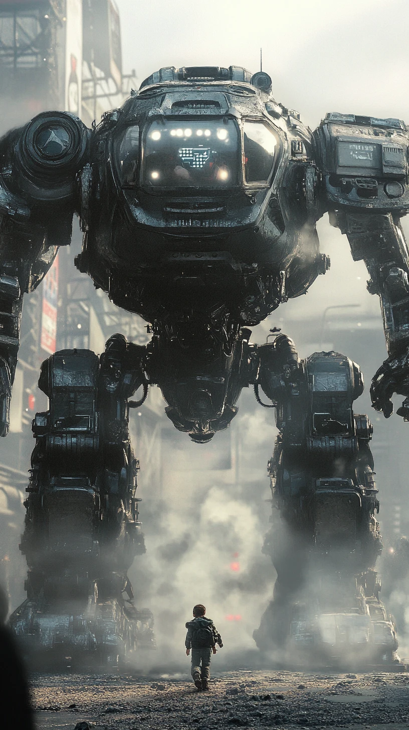Enorme mech compie un potente primo passo su una piattaforma sci‑fi