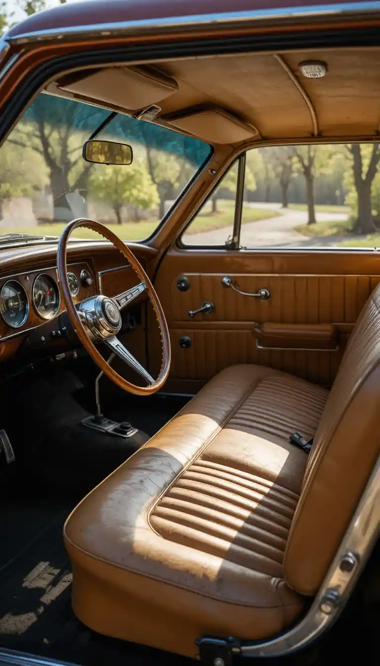 Vintage car interior with worn leather seats and sunlight
