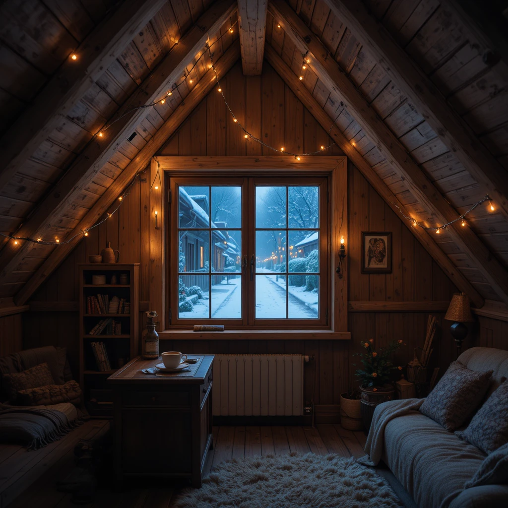 Cozy attic bedroom at night with glowing fairy lights