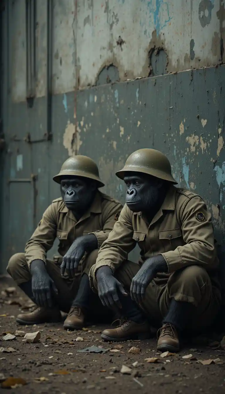 Dois gorilas em uniformes militares vintage encostados na parede