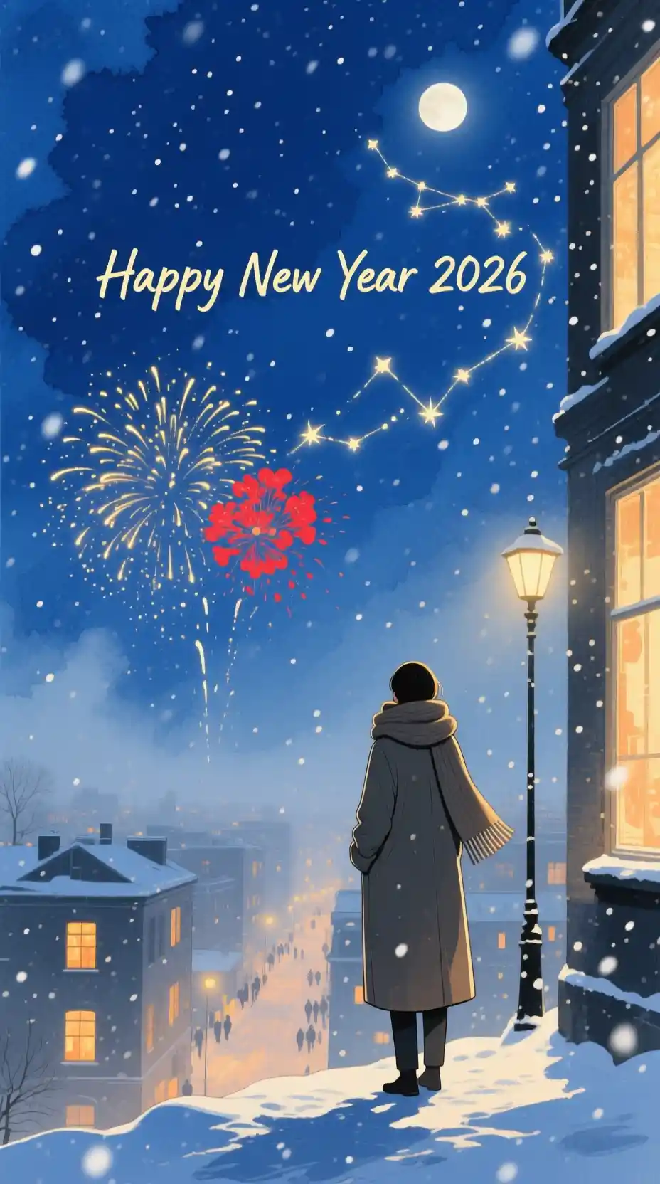 Solitary figure under gentle fireworks on a winter night
