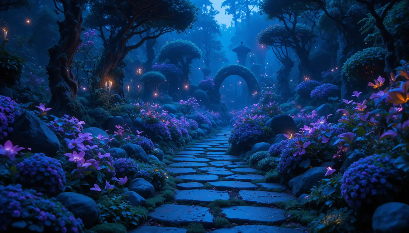 Verwunschener Gartenweg mit leuchtenden biolumineszenten Pflanzen