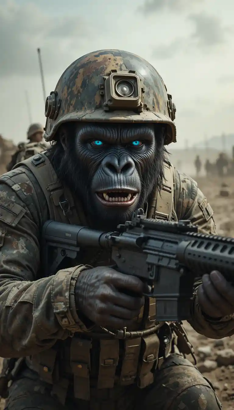 藍眼武裝大猩猩士兵置身粗獷戰場
