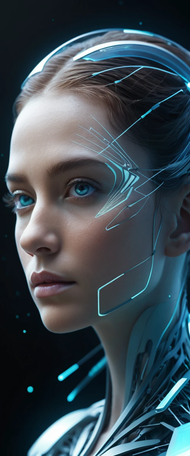 Rosto futurista neutro em gênero formado por formas luminosas