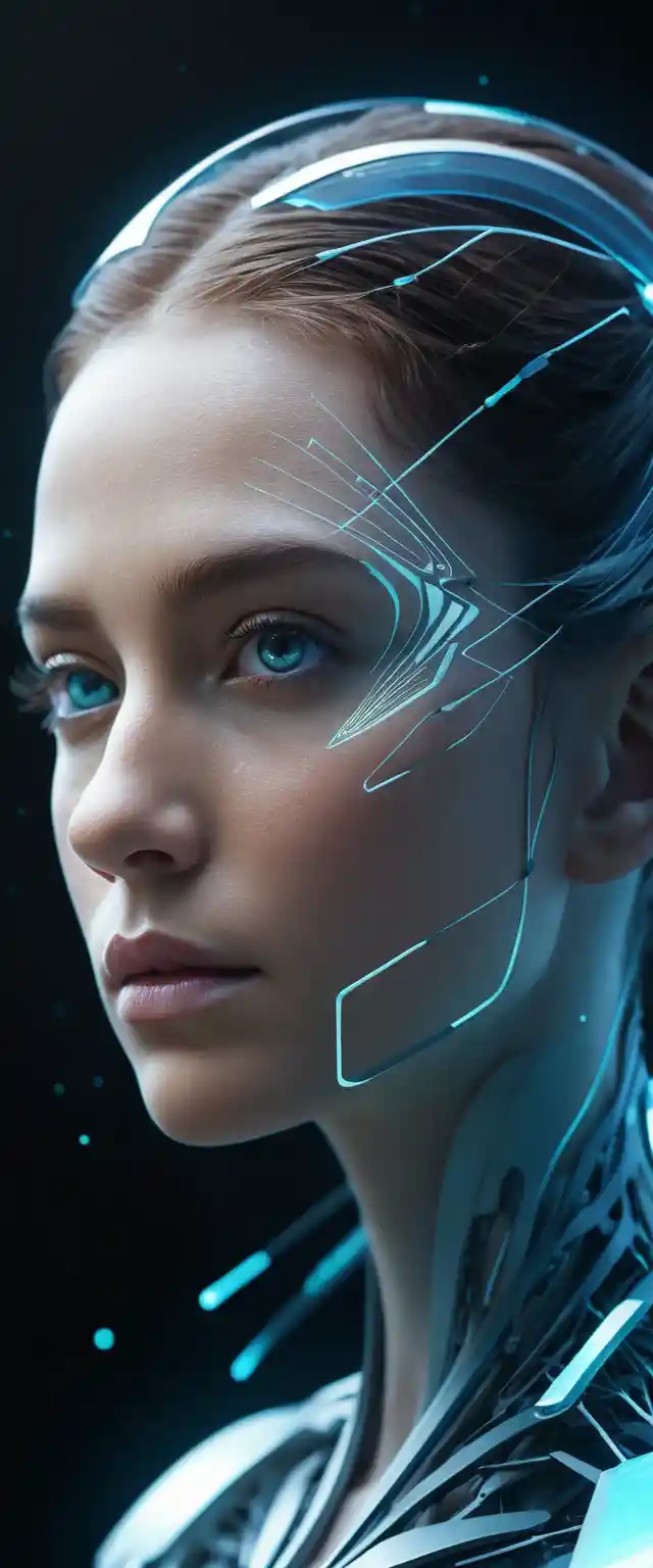 Futuristic gender neutral face formed from glowing shapes