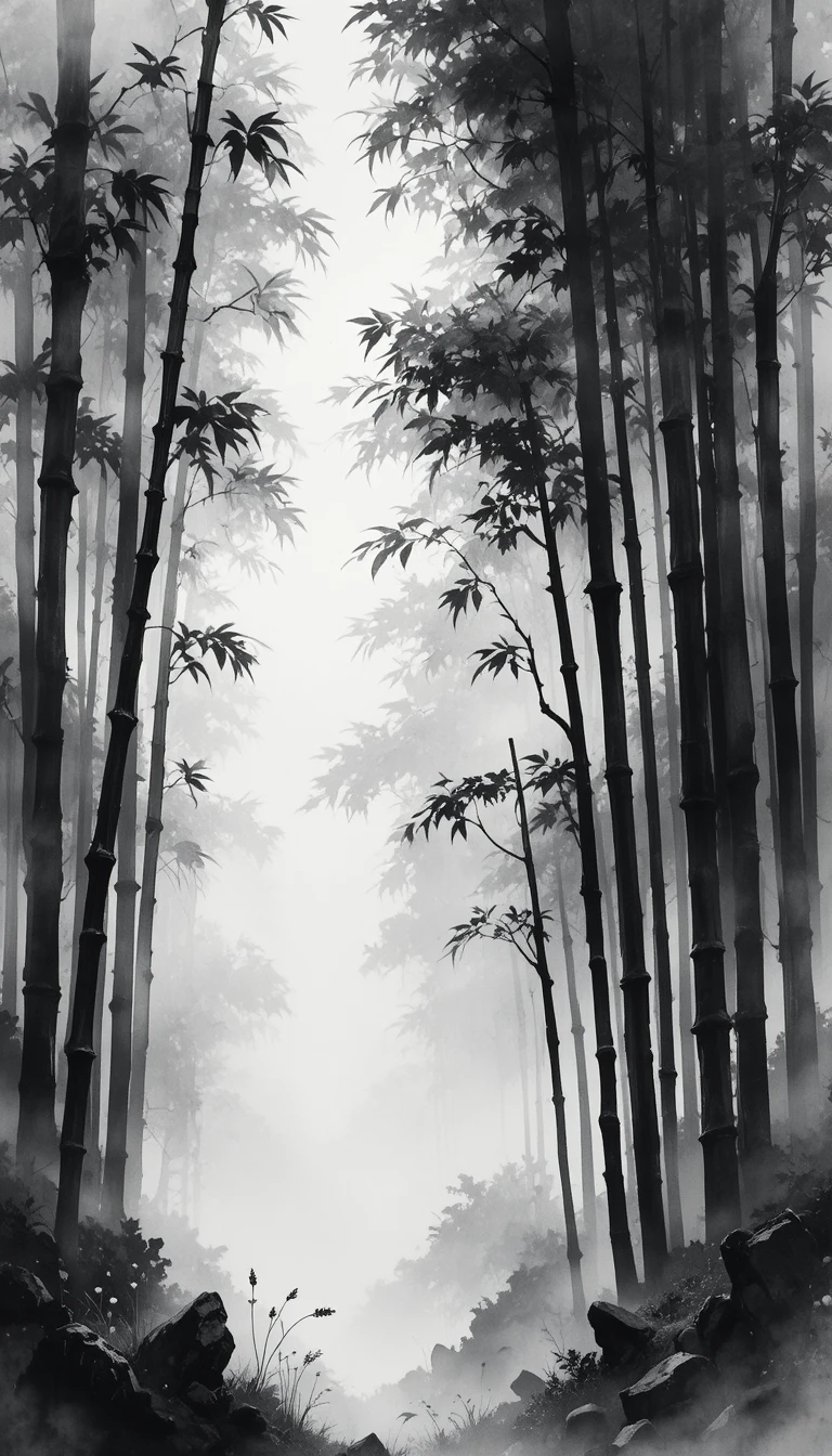 Misty Bamboo Forest In Black And White Watercolor Painting