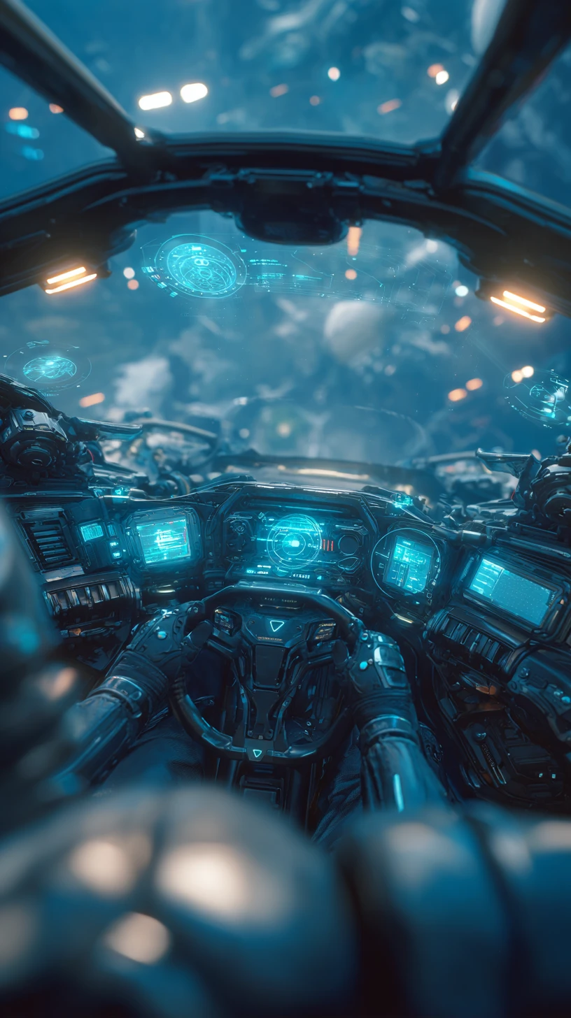 Cockpit di mech futuristico con pilota e HUD olografico