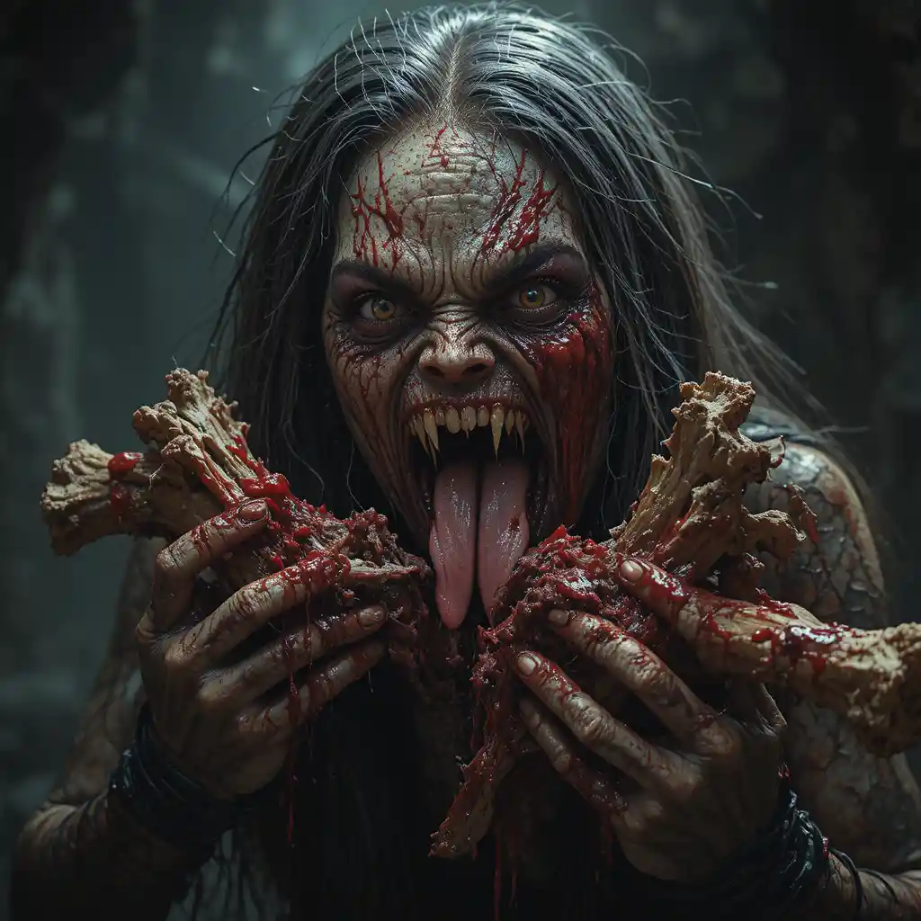 Grotesque monster devouring bloody bones in dark cave