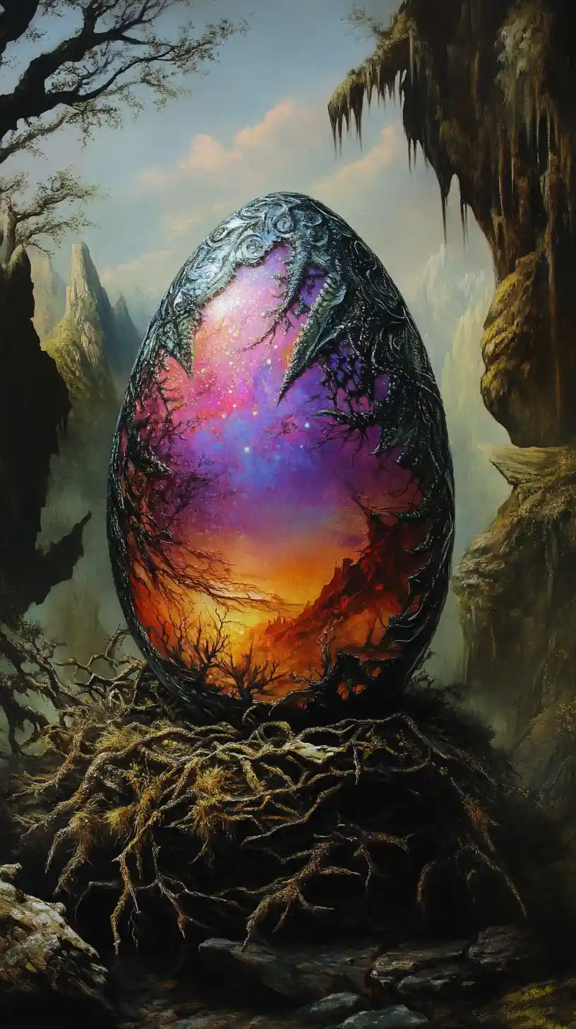 Surreal dragon egg glowing softly in a magical nest