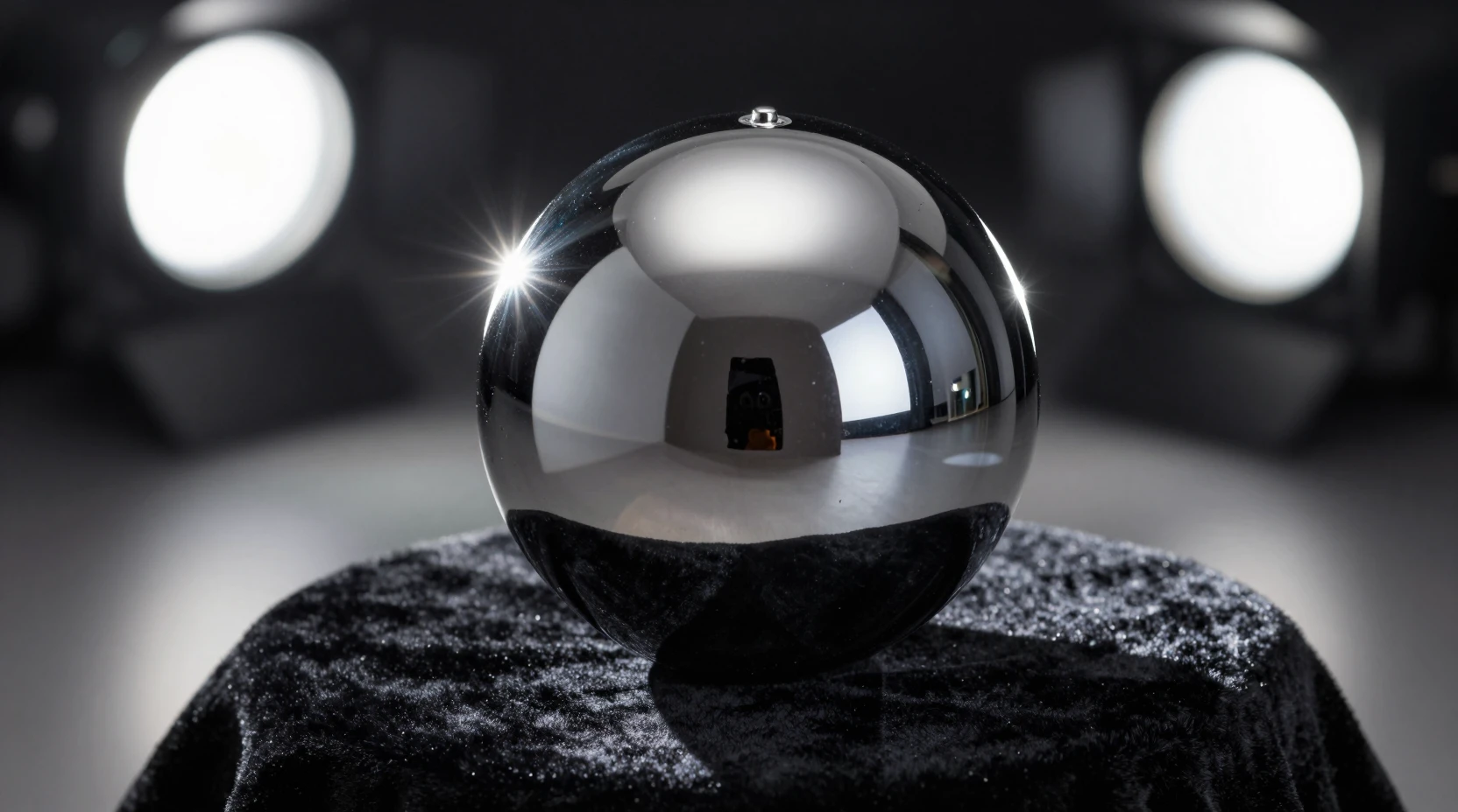Esfera cromada sobre veludo preto sob luzes dramáticas de estúdio