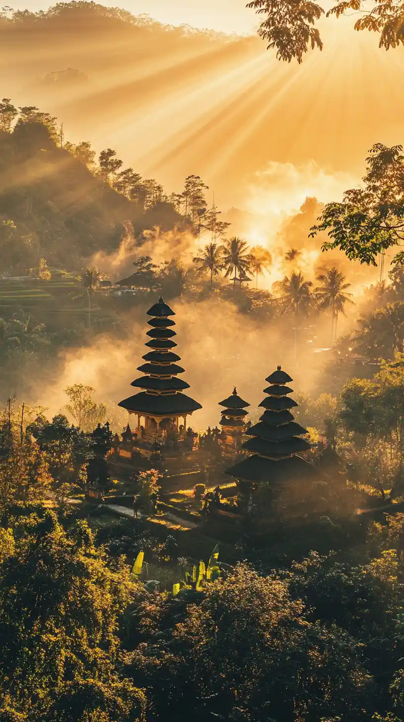 Vista aérea de um templo na ilha de Bali ao pôr do sol