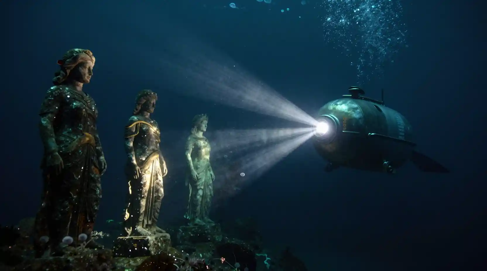 Sumergible de aguas profundas iluminando estatuas antiguas en el fondo del océano