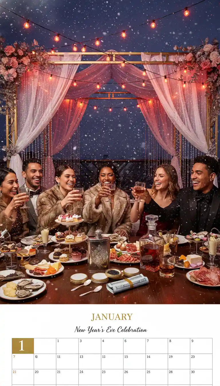 Rooftop-Neujahrstafel mit Gourmet-Leckereien und Drinks