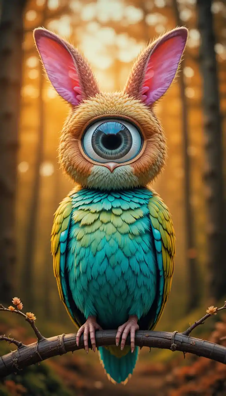 Criatura de ave surreal de un solo ojo en una rama musgosa del bosque