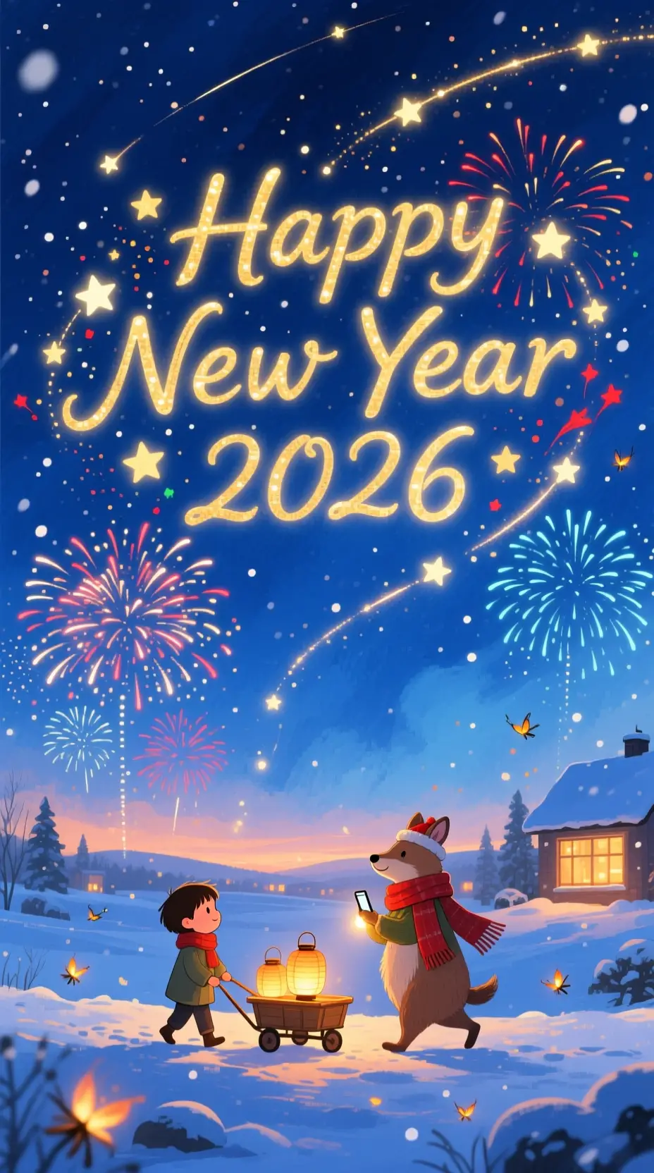 Enfant marchant dans une nuit d’hiver calme avec de doux feux d’artifice
