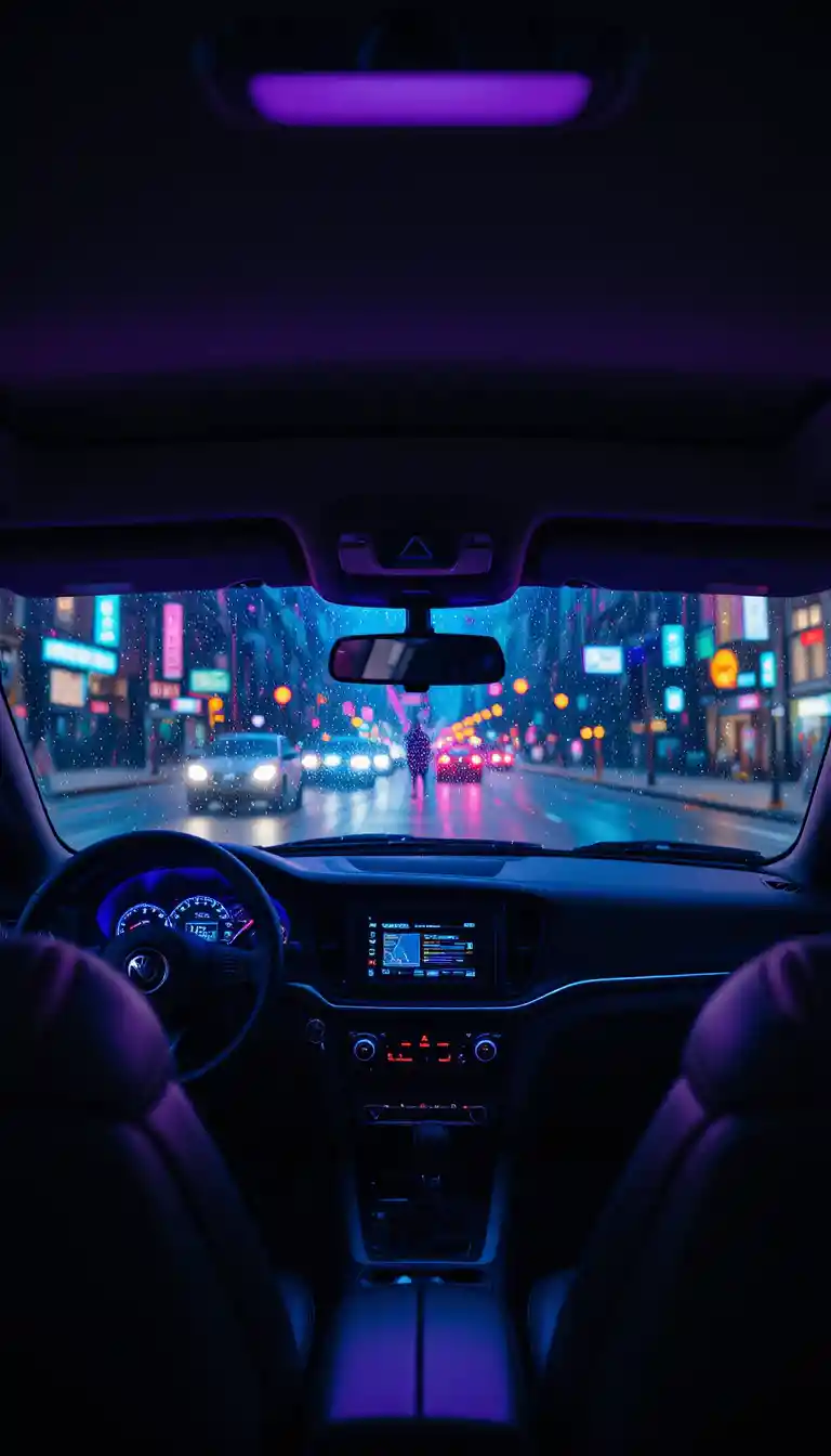 Back seat pov of modern car with neon dashboard