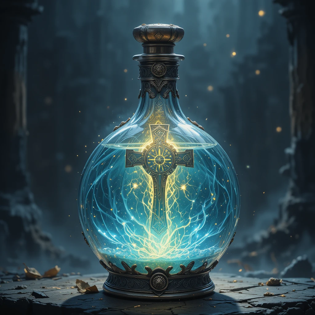 Leuchtende Fantasy-Trankflasche mit kreuzförmigem Stöpsel