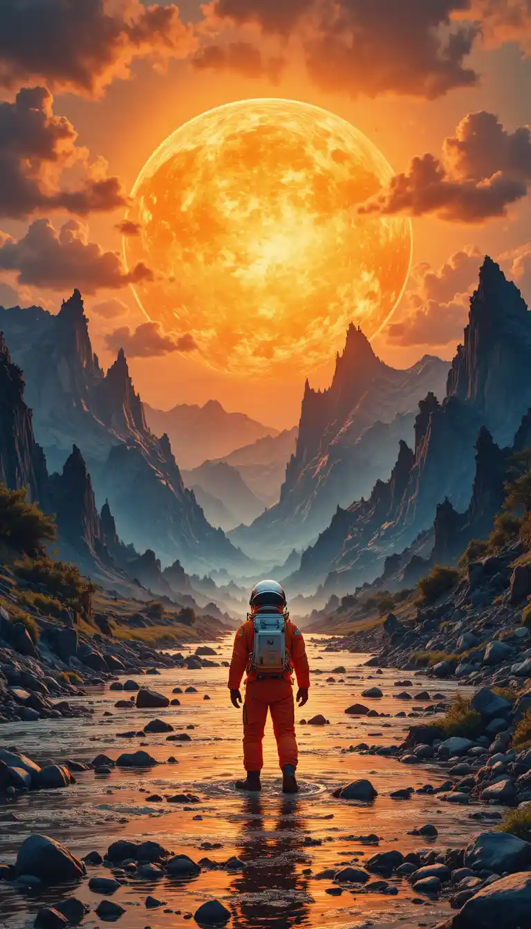 Astronaut Standing In Rocky River Beneath A Blazing Sun