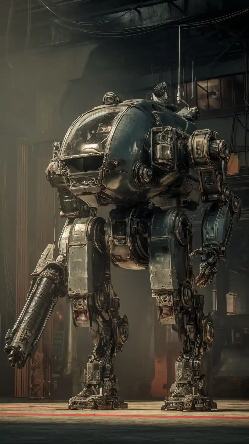 Sci‑Fi‑Mech‑Exoskelett mit Pilot auf Industrieplattform