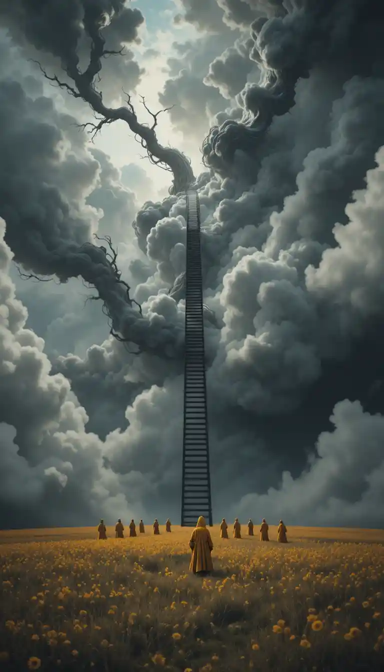 Surreal staircase rising into stormy sky over golden field