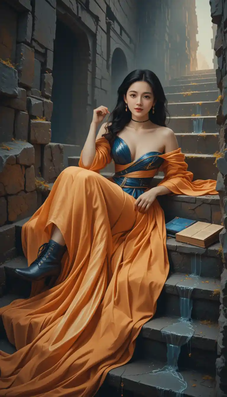 Regal woman in blue and gold gown on sunken stone stairs