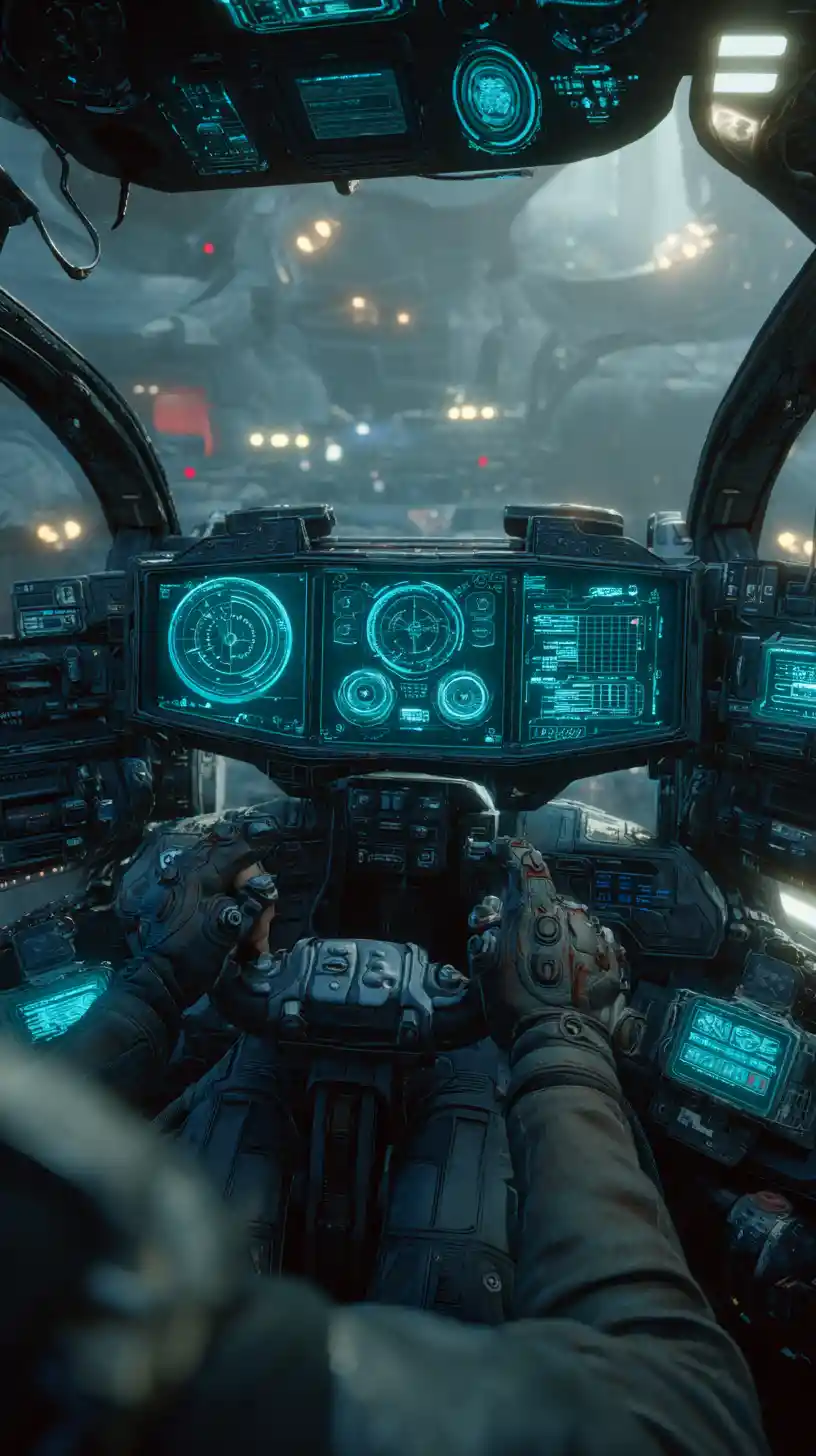 Futuristisches Mech-Cockpit mit Pilot und holografischem Interface