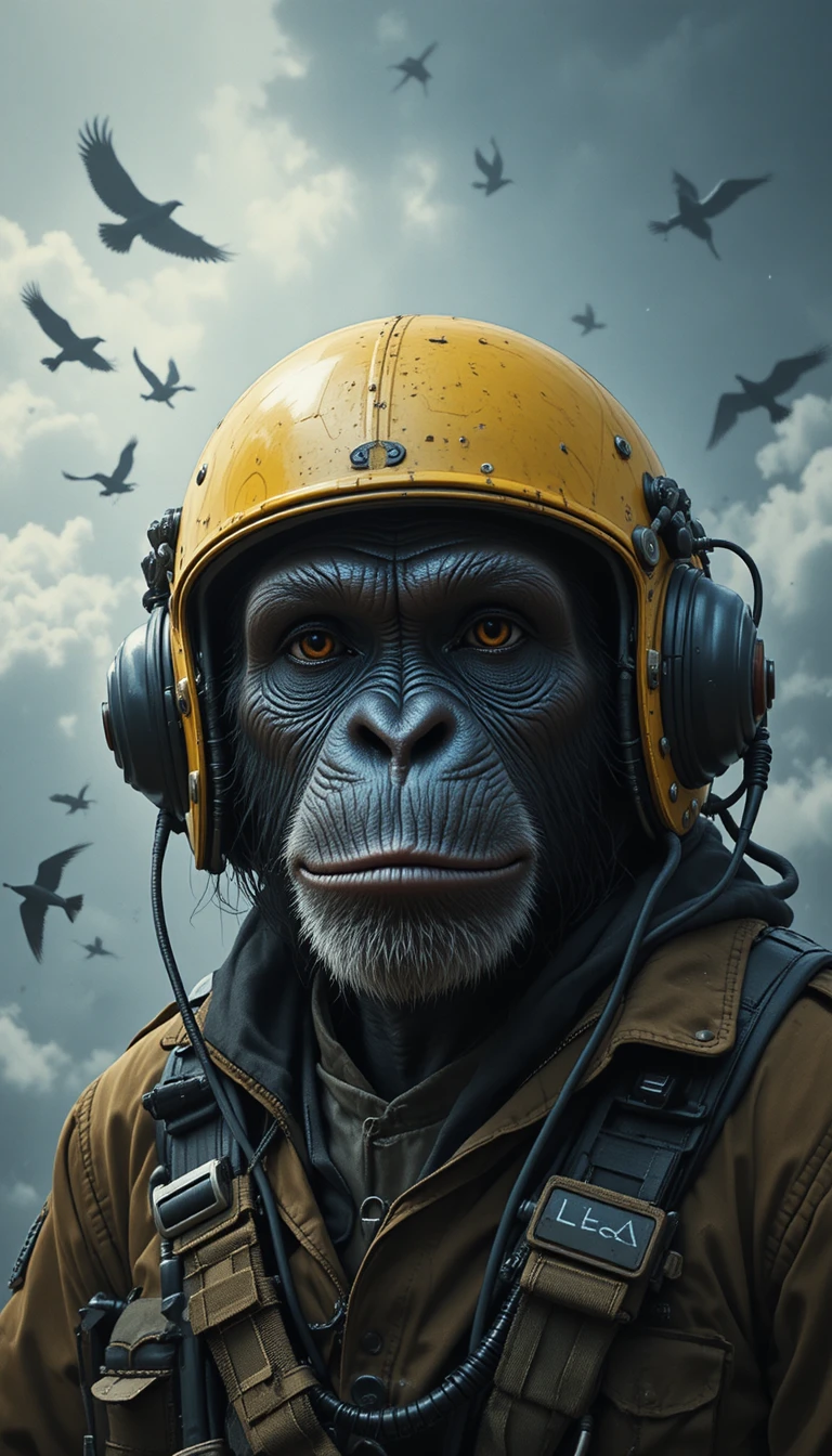 Chimpanzee Pilot In Yellow Helmet Against Misty Sky