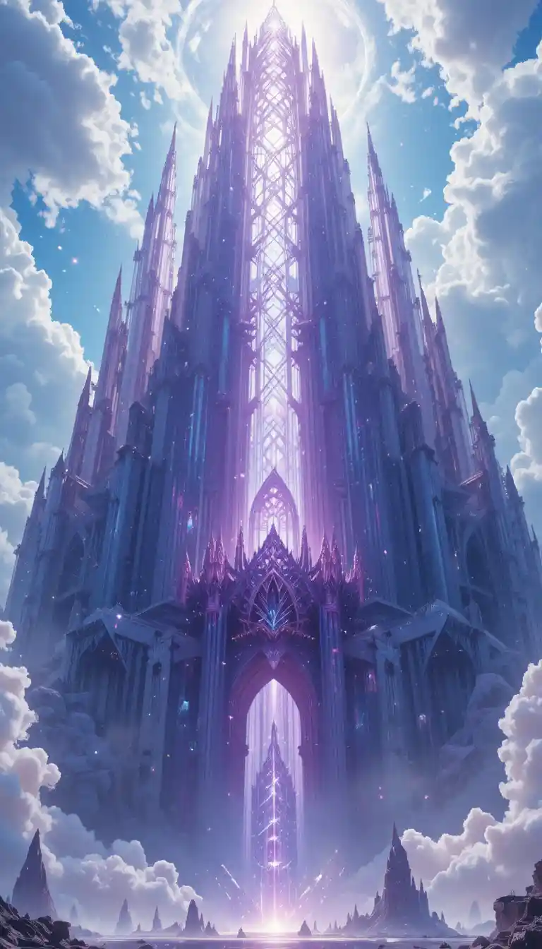 Crystalline cathedral of amethyst rising above sky islands