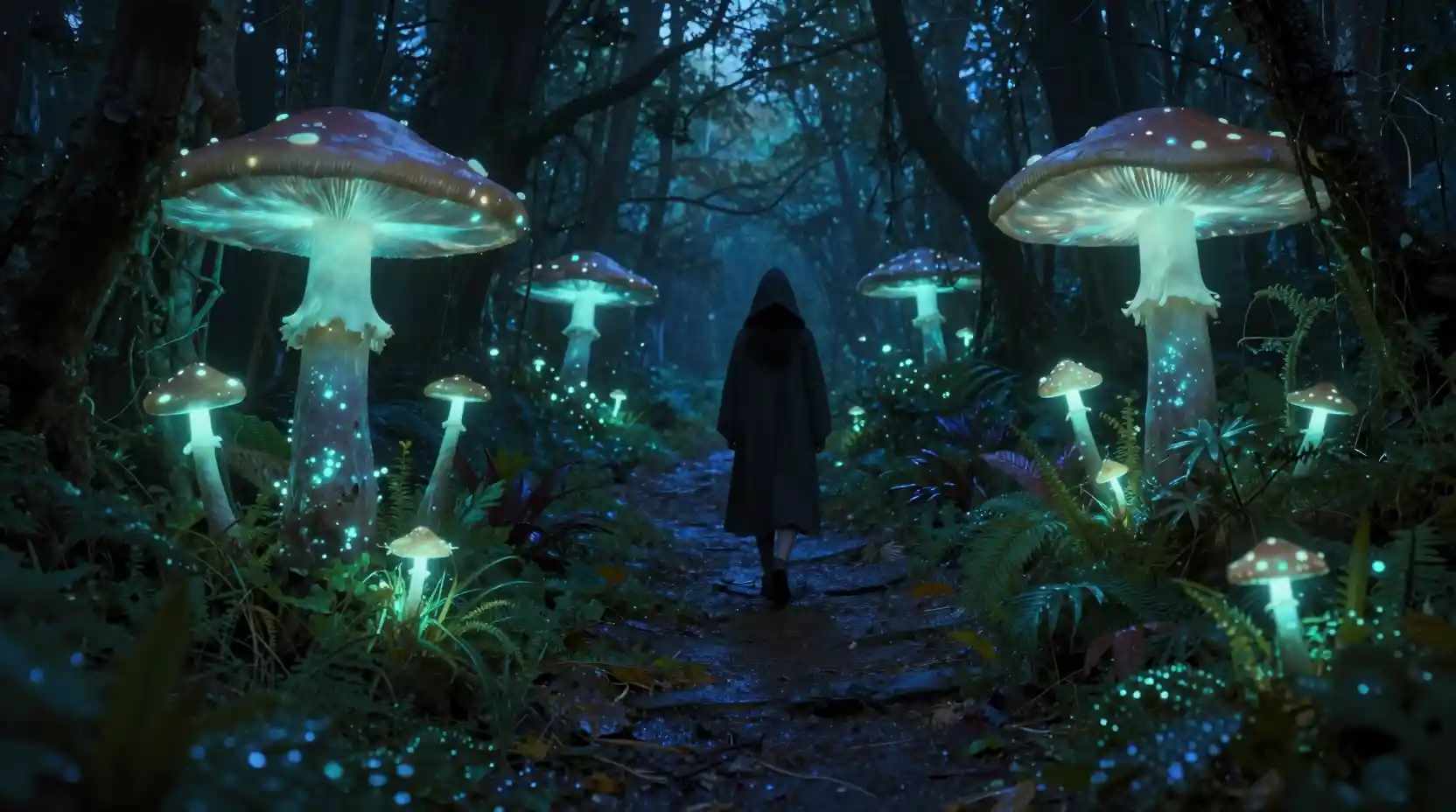 Hooded Wanderer In A Bioluminescent Forest Path At Twilight