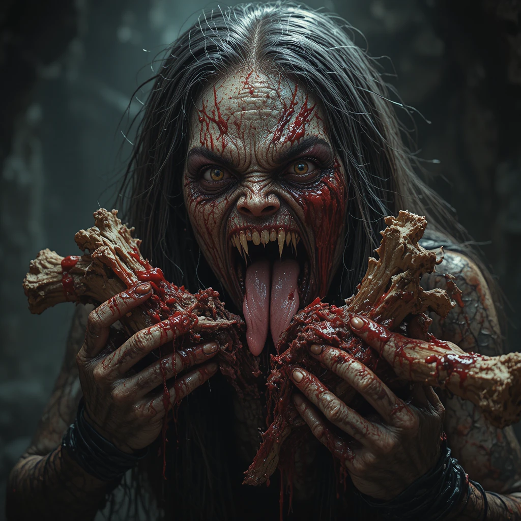 Grotesque monster devouring bloody bones in dark cave