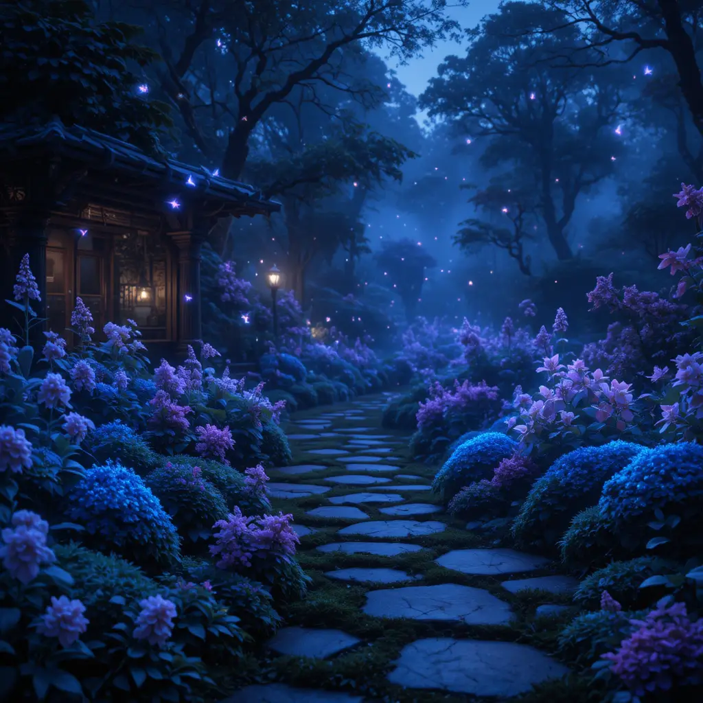 Verwunschener Gartenweg, erleuchtet von leuchtenden biolumineszenten Pflanzen